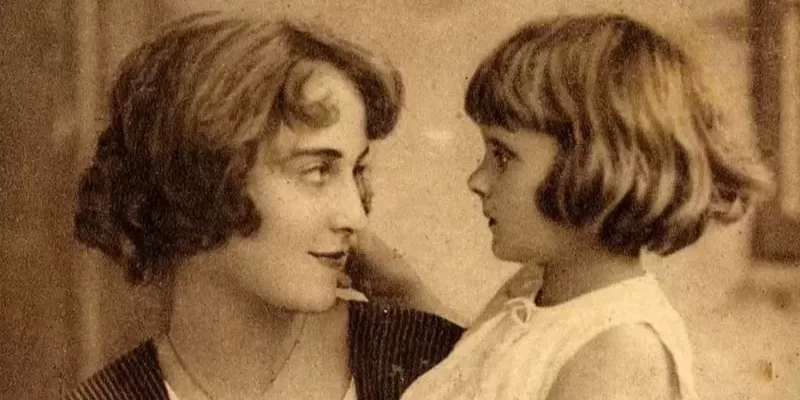 vintage postcard image of a mother looking at her young daughter