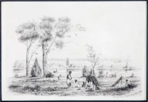 Ink drawing - Melbourne from the Falls 1837 - E L Montefiore